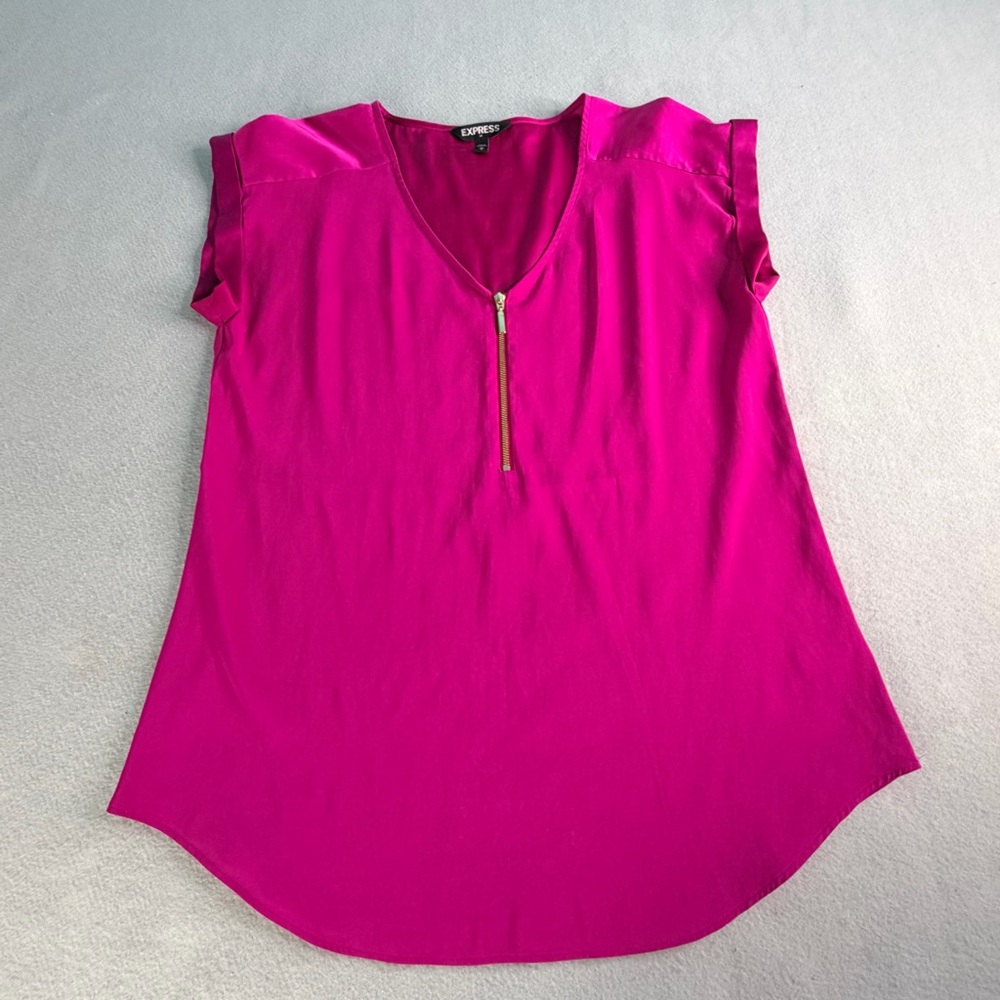 Express Blouse Womens Medium Hot Pink Cap Sleeve Zip Front V Neck  Coquette Work